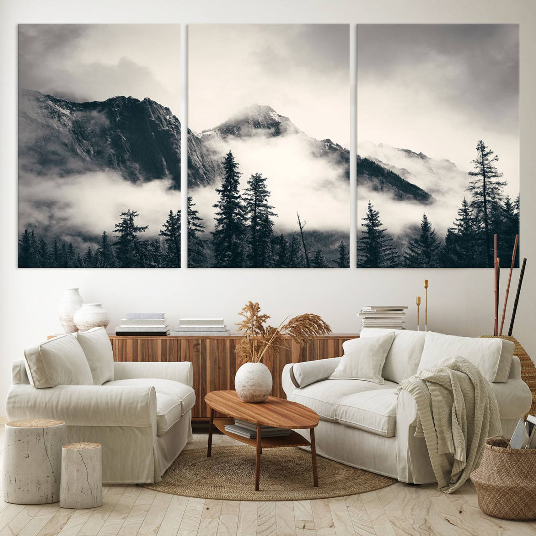 A large foggy mountain forest canvas print hangs prominently in the room.