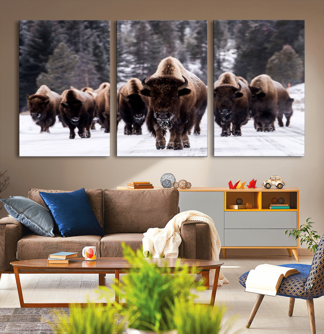 MGV-CV-60X30-3P - Bison Wall Art Canvas Print- Bison Herd Canvas Wall Art – Majestic Wildlife Photography – Framed and