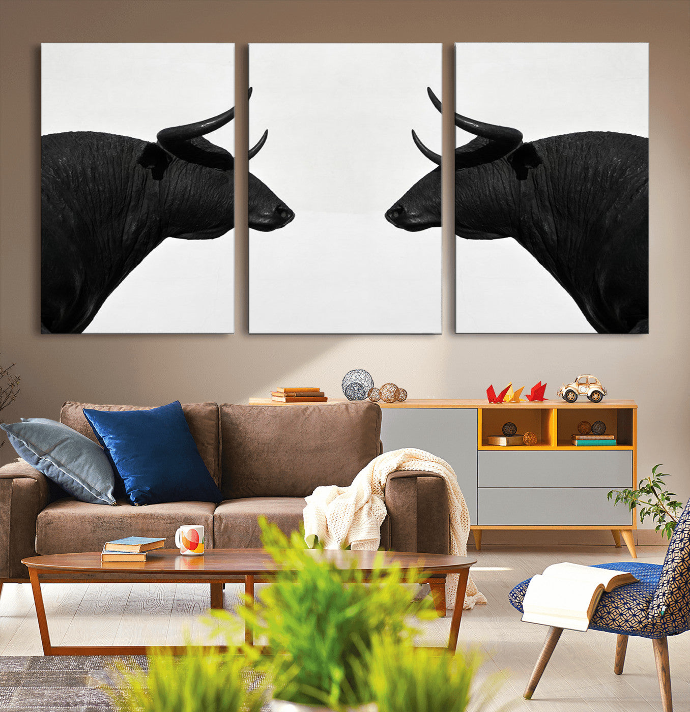 -Spanish Bull Art - Framed Black and White Bull Canvas Print for Modern Rustic Home or Office Decor