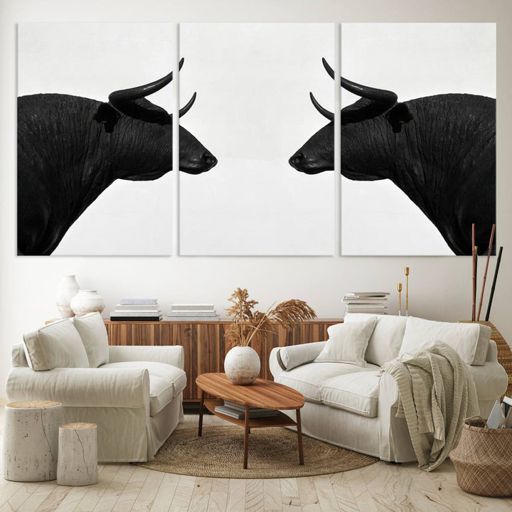 Spanish Bull Wall Art Canvas Print: Two black bull heads facing off on museum-quality canvas.