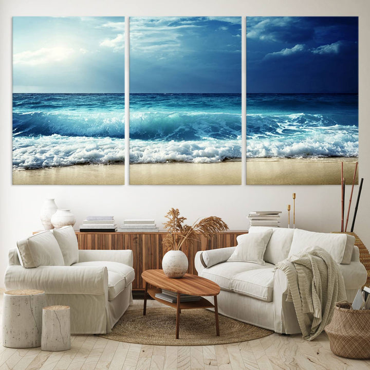 The Majestic Ocean Wave Wall Art Canvas, a 3-panel seascape print, is featured prominently.