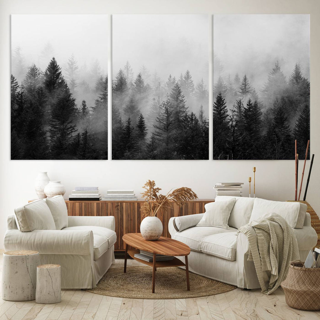 Fogy Forest Canvas Art features misty pines and a mountain landscape.