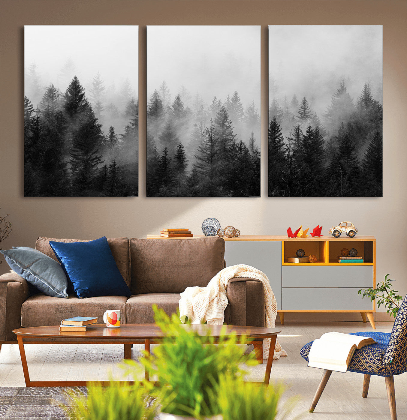 MGV-CV-60X30-3P - Foggy Black and White Forest Canvas Wall Art, 3 Panel Misty Pine Trees Canvas Print for Living Room,