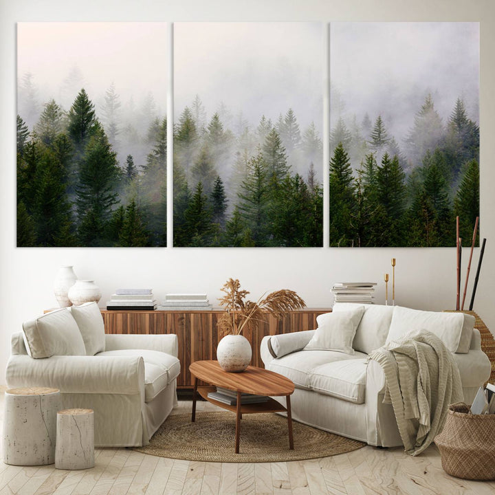 A serene, foggy evergreen forest creates a mysterious atmosphere, ideal for premium canvas wall art.