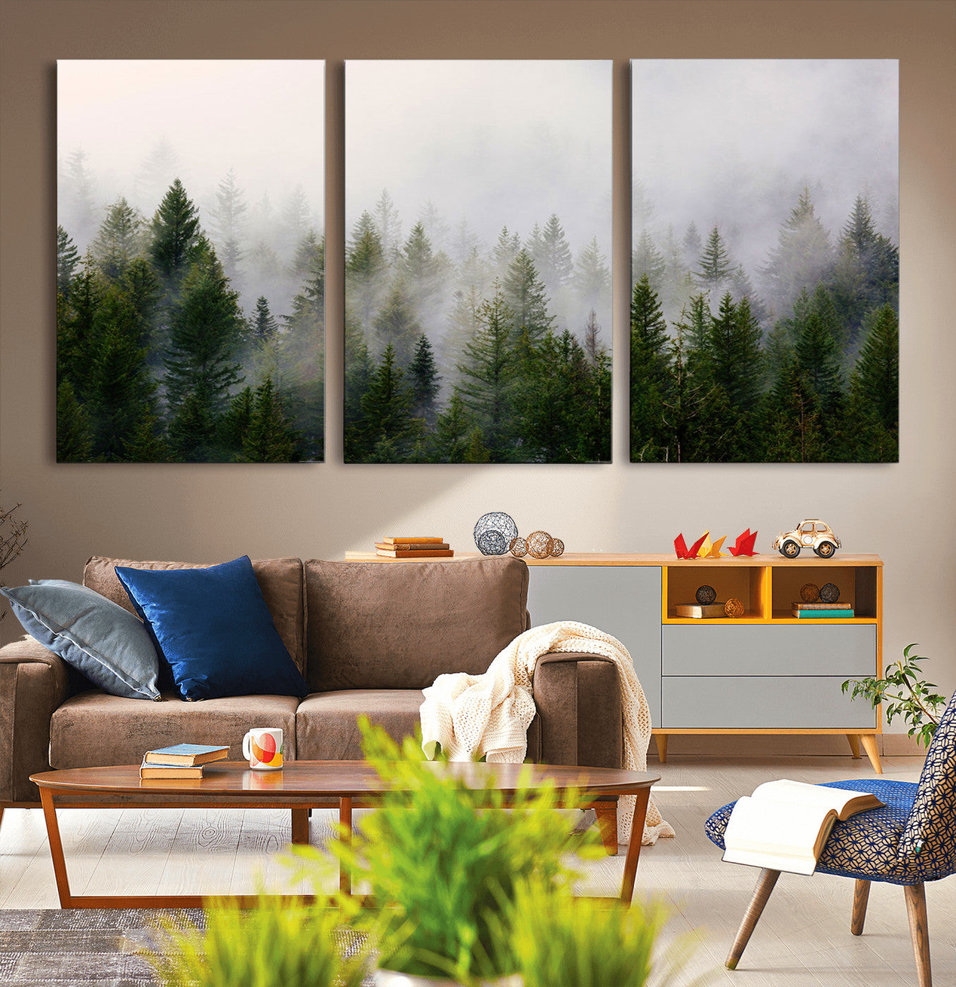 MGV-CV-60X30-3P - Misty Pine Forest Wall Art Canvas Print | 3 Panel Green Woodland Canvas Print for Living Room, Office, or Dining Room | Nature Foggy Forest Decor