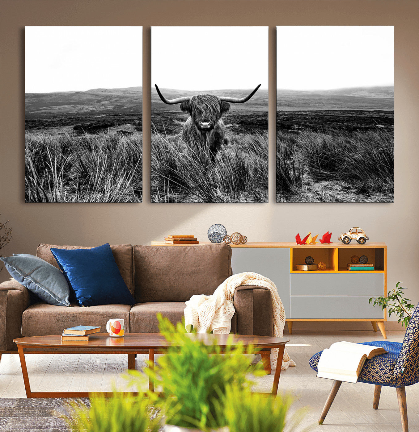 -MGV-CV-36X24-Black and White Highland Cow Canvas Wall Art, Longhorn Triptych Western Wall Decor for Cabin -