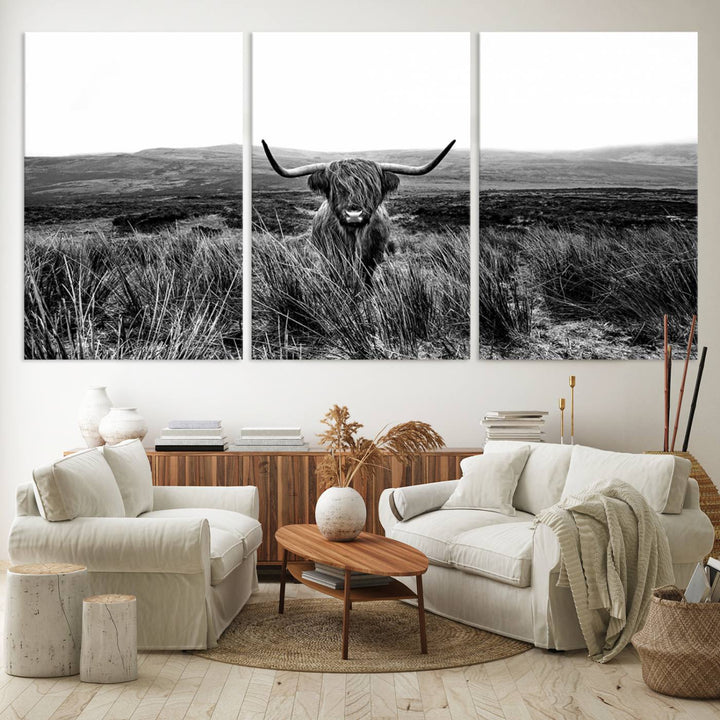 Dining room featuring a Black and White Highland Cow Canvas for a Western-themed decor.