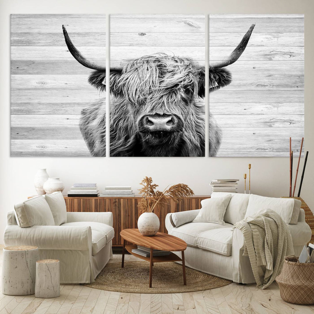 Scottish Highland Cow Cattle Art adds rustic farmhouse charm to the space.