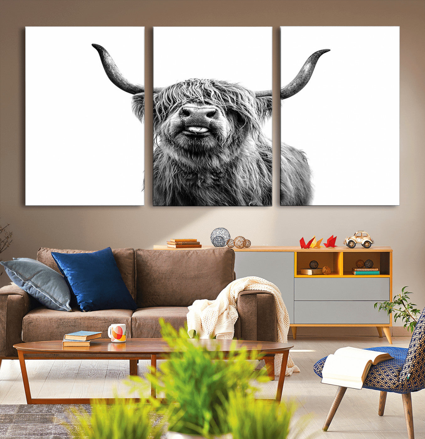 MGV-CV-60X30-3P - Fanny Scottish Highland Cow Cattle Art Print Farmhouse Wall Art Canvas Print