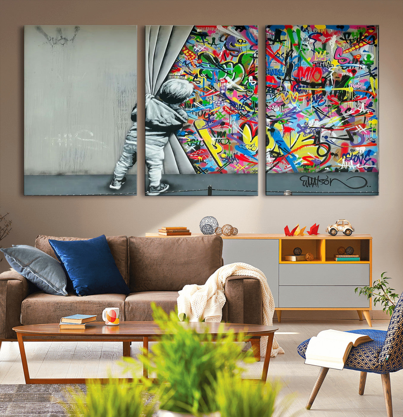 51713-MGV-CV-36X24-Banksy Colorful Street Graffiti Canvas Wall Art Print, Modern Art Triptych, Child and Graffiti Wall,