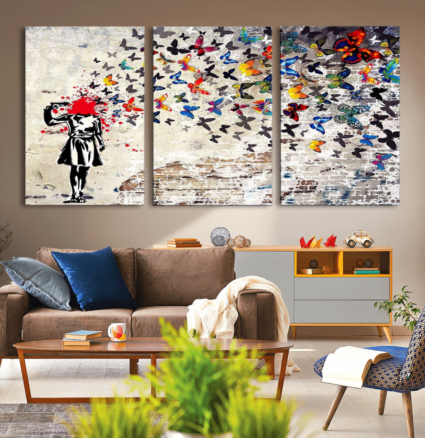 MGV-CV-60X30-3P - Banksy Art Butterfly Girl Explosion Canvas Art – Vibrant Urban Graffiti for Modern Interiors - Ready