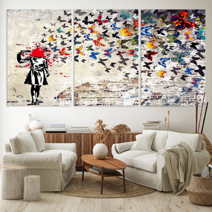 Banksy Art Butterfly Girl Explosion: Vibrant urban graffiti canvas for modern interiors, ready to hang.