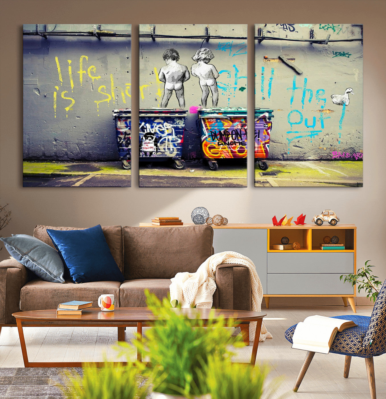 MGV-CV-60X30-3P - Banksy Life is Short Wall Art - Iconic Graffiti Art on Framed Ready-to-Hang Canvas - Street Art