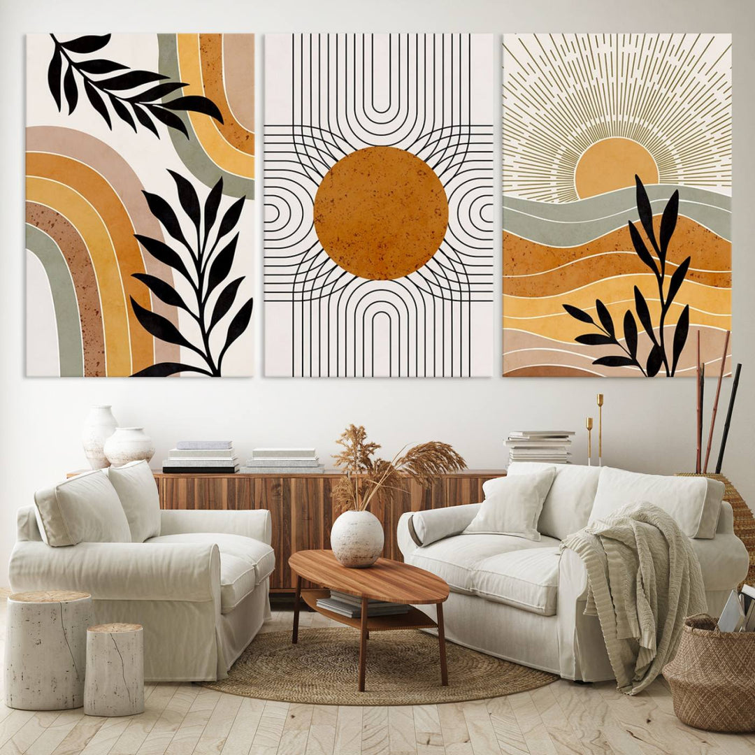 Modern Boho Sun and Leaf Abstract Art – 3-Panel Giclée Canvas for Mid-Century Modern or Bohemian Wall Decor