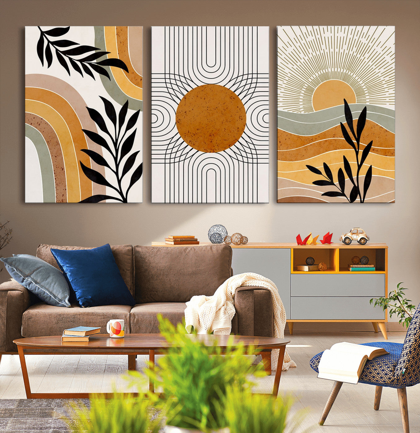 MGV-CV-60X30-3P - Modern Boho Sun and Leaf Abstract Art – 3-Panel Giclée Canvas for Mid-Century Modern or Bohemian Wall Decor