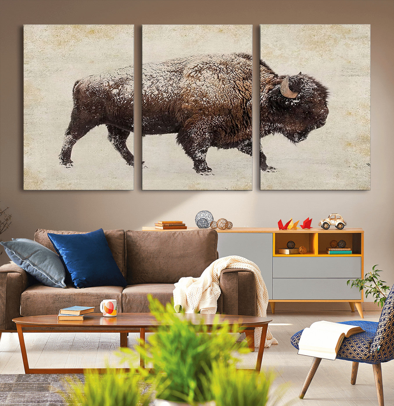 MGV-CV-60X30-3P - Buffalo Wall Art, Western Bison Canvas Print, Rustic Buffalo Art for Cowboy Western Decor, Large Multi-Panel Giclee Canvas for Farmhouse Wall Decor
