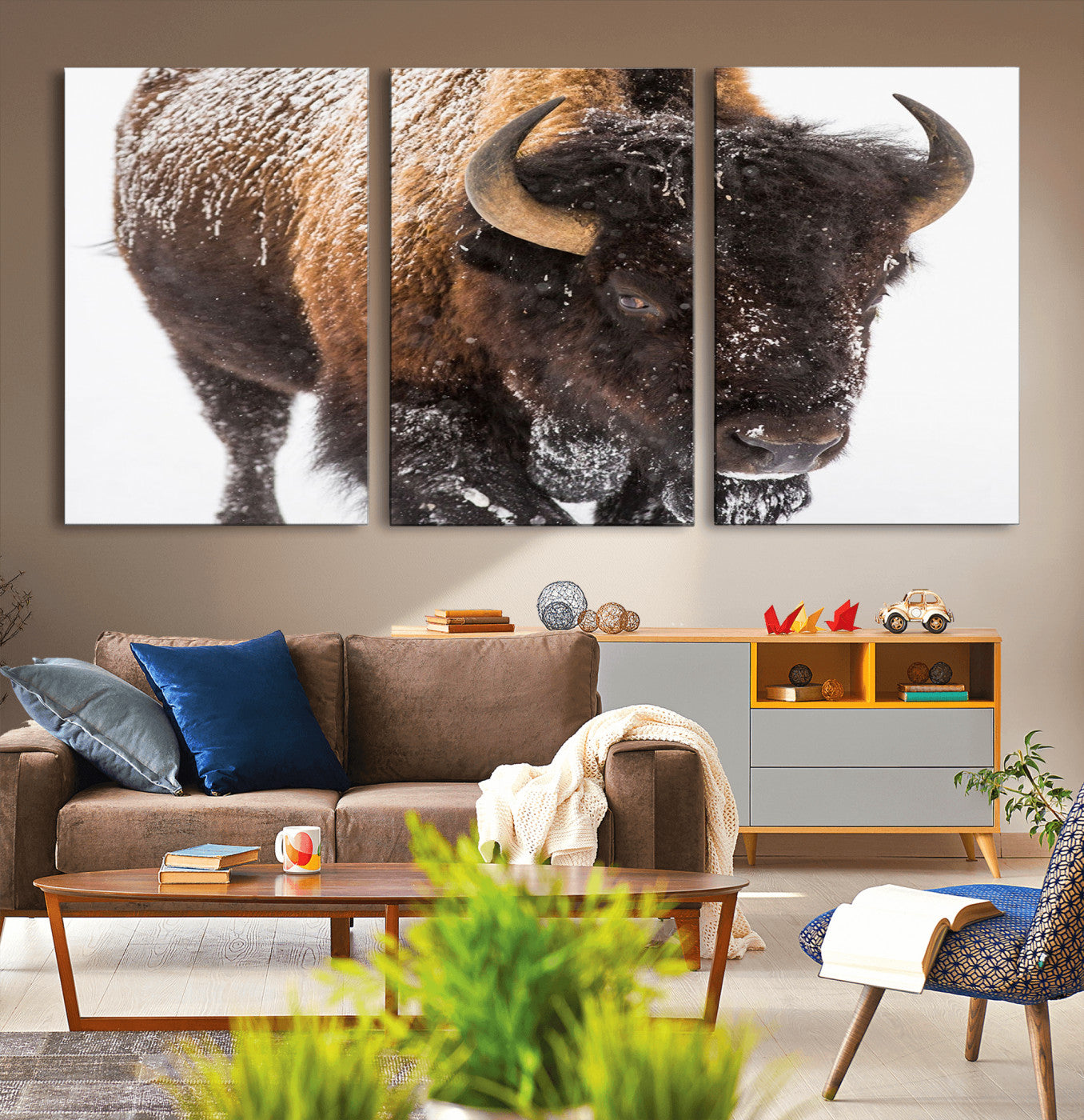 MGV-CV-60X30-3P - Bison Wall Art Canvas Print For Farmhouse, Wild Animal Wall Art