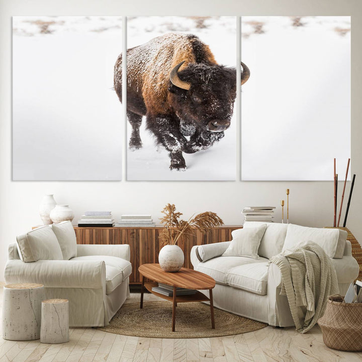 Bison Winter Wall Art Canvas Print for farmhouse decor.