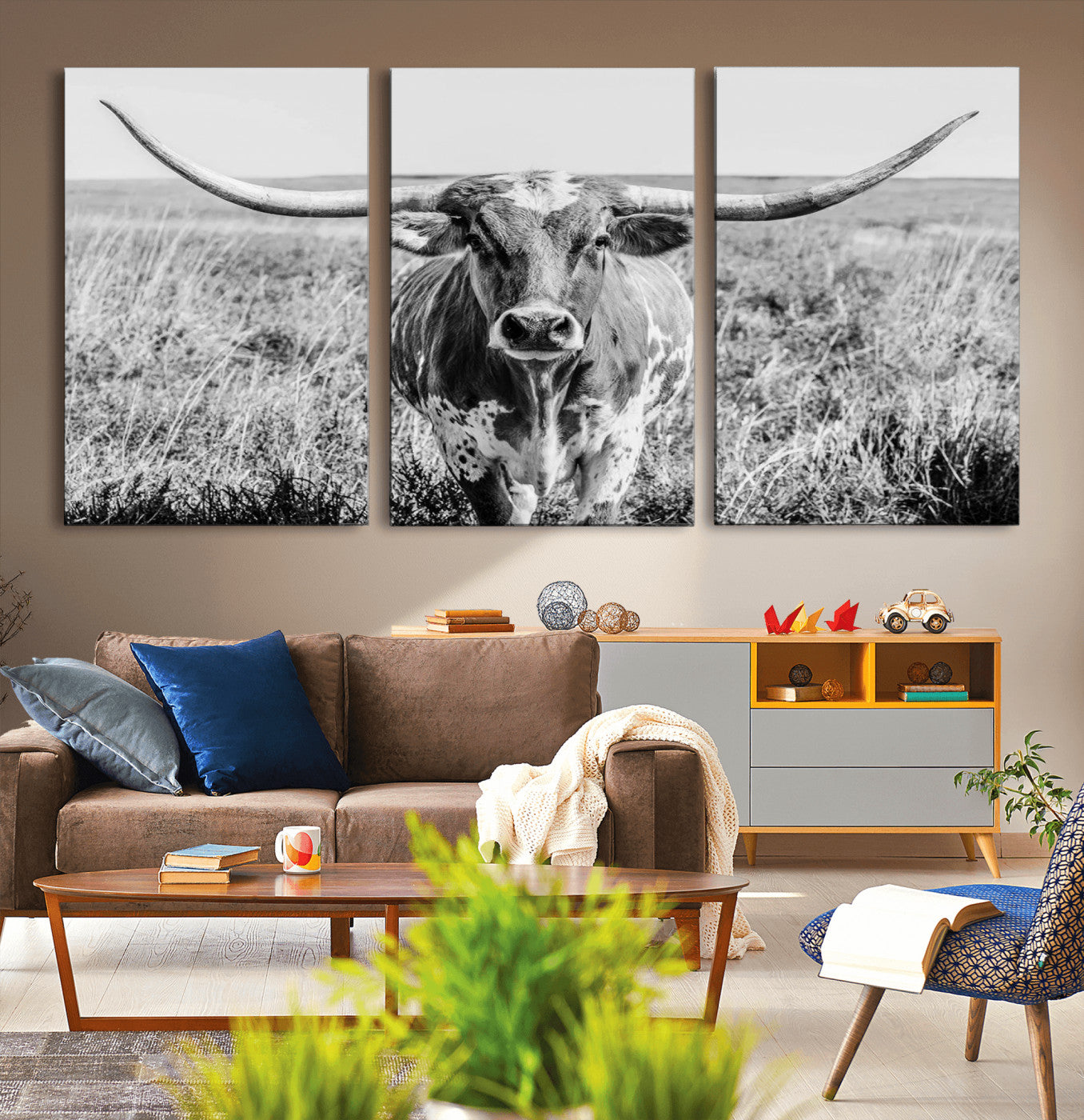 MGV-CV-60X30-3P - Texas Cow Longhorn Wall Art Canvas Print for Farm House Wall Decor, Farmhouse Wall Art Print