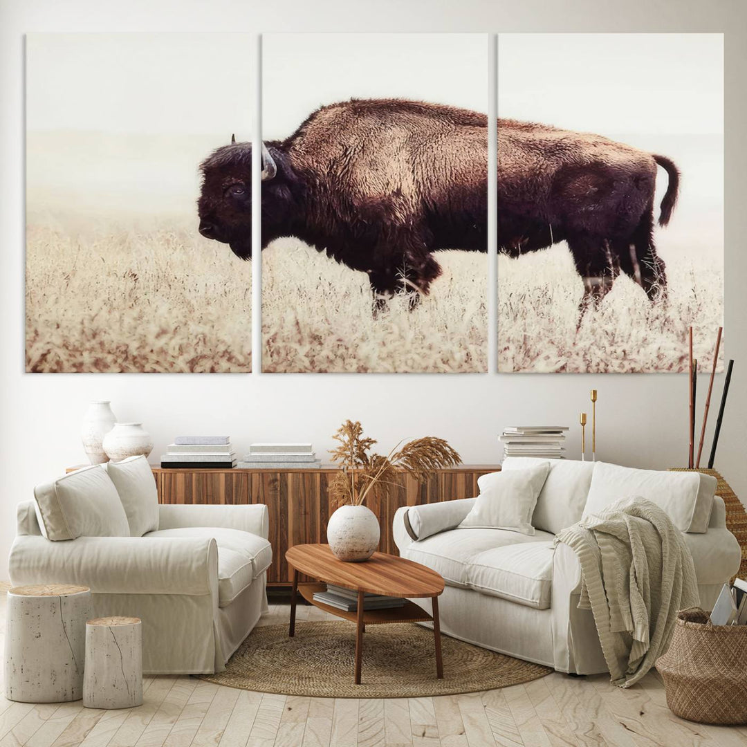 The dining room showcases the Bison in Field canvas print.