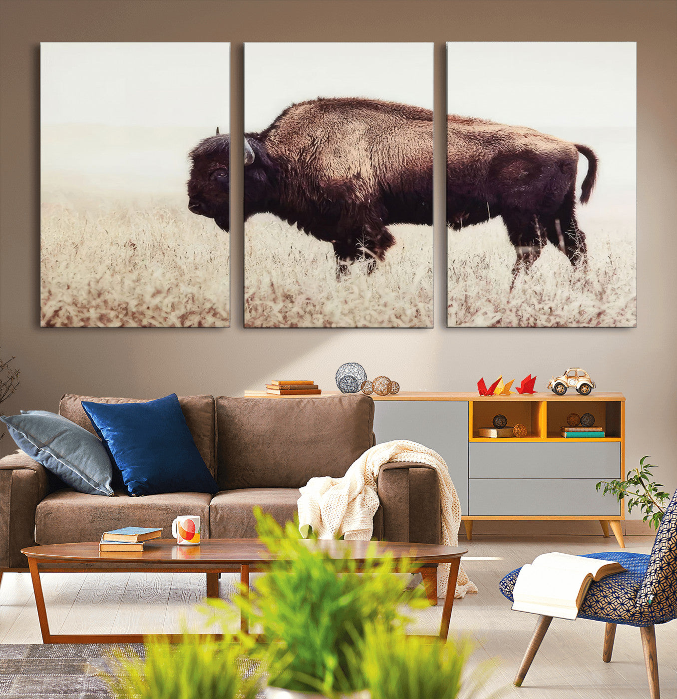 MGV-CV-60X30-3P - Bison in Field Wall Art Canvas Print For Farmhouse Barn Decor