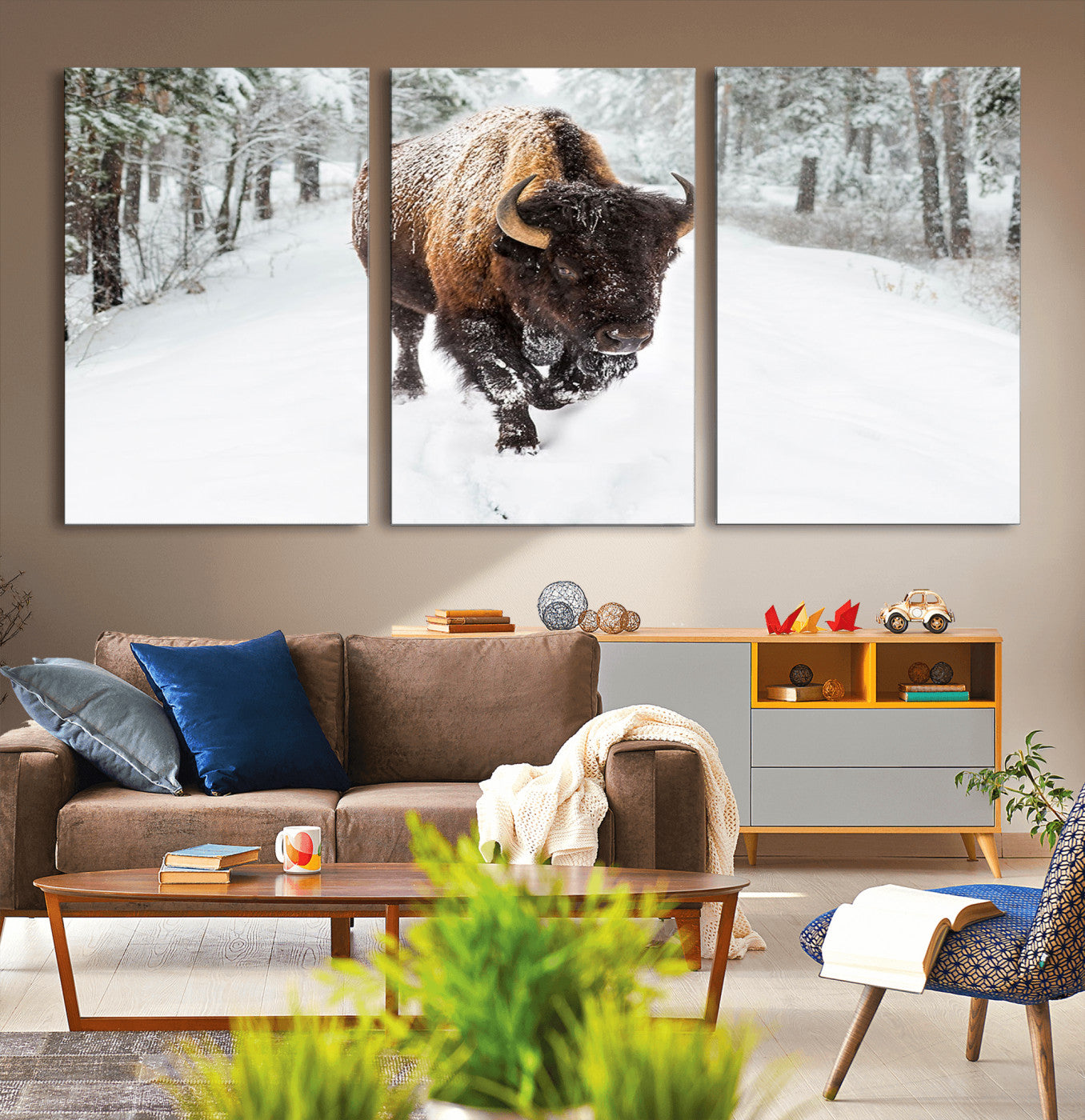MGV-CV-60X30-3P - Bison Wall Art Canvas Print For Farmhouse, Animal Canvas Print, Wild Animal Wall Art