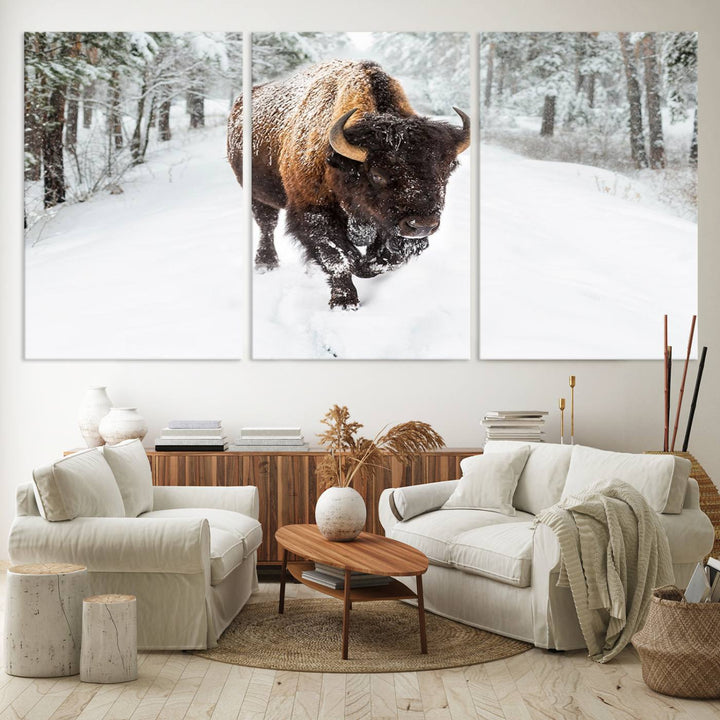 The dining area showcases the Bison Wall Art Canvas Print for Farmhouse.