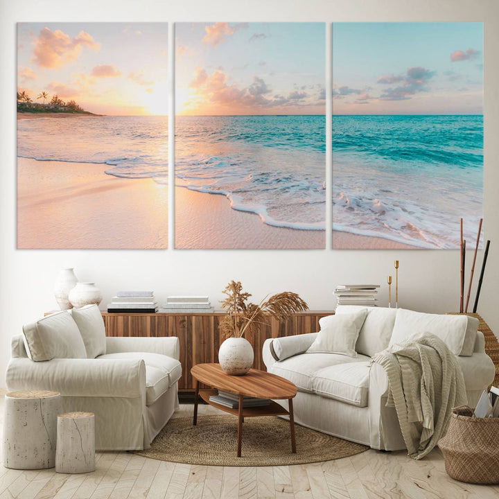 The kitchen features the Beach Sunrise Wall Art, Coastal Sunset Beach Scene.