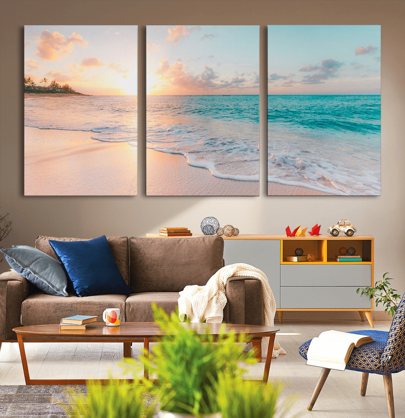 MGV-CV-60X30-3P - Beach Sunrise Wall Art, Coastal Seascape Canvas Print, Ocean Wave Multi-Panel Giclee, Coastal Sunset