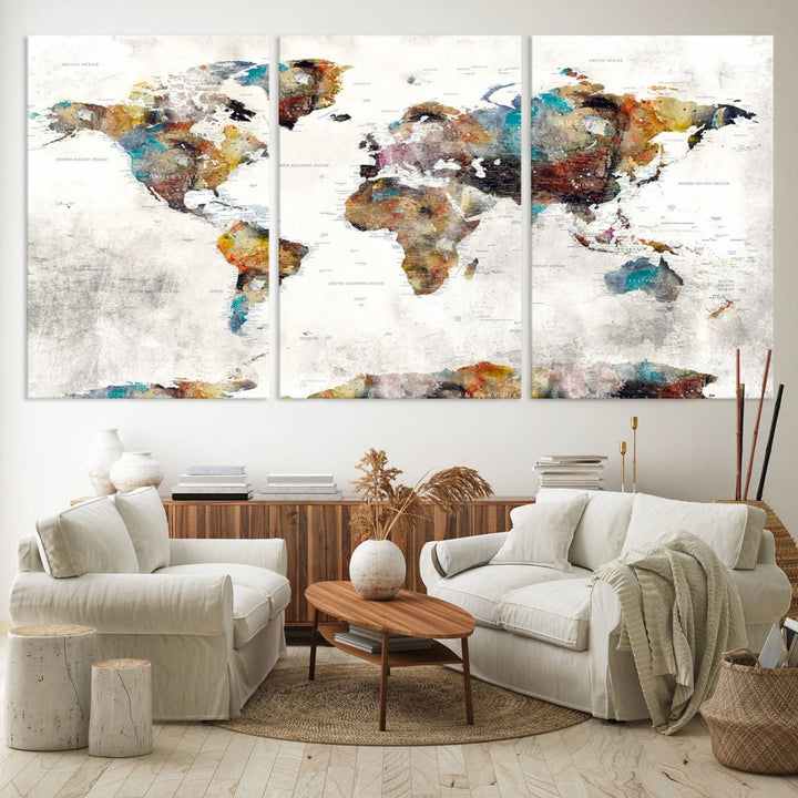 The Colorful World Map Wall Art Canvas Print adds vibrance to the space, ideal for geography lovers.