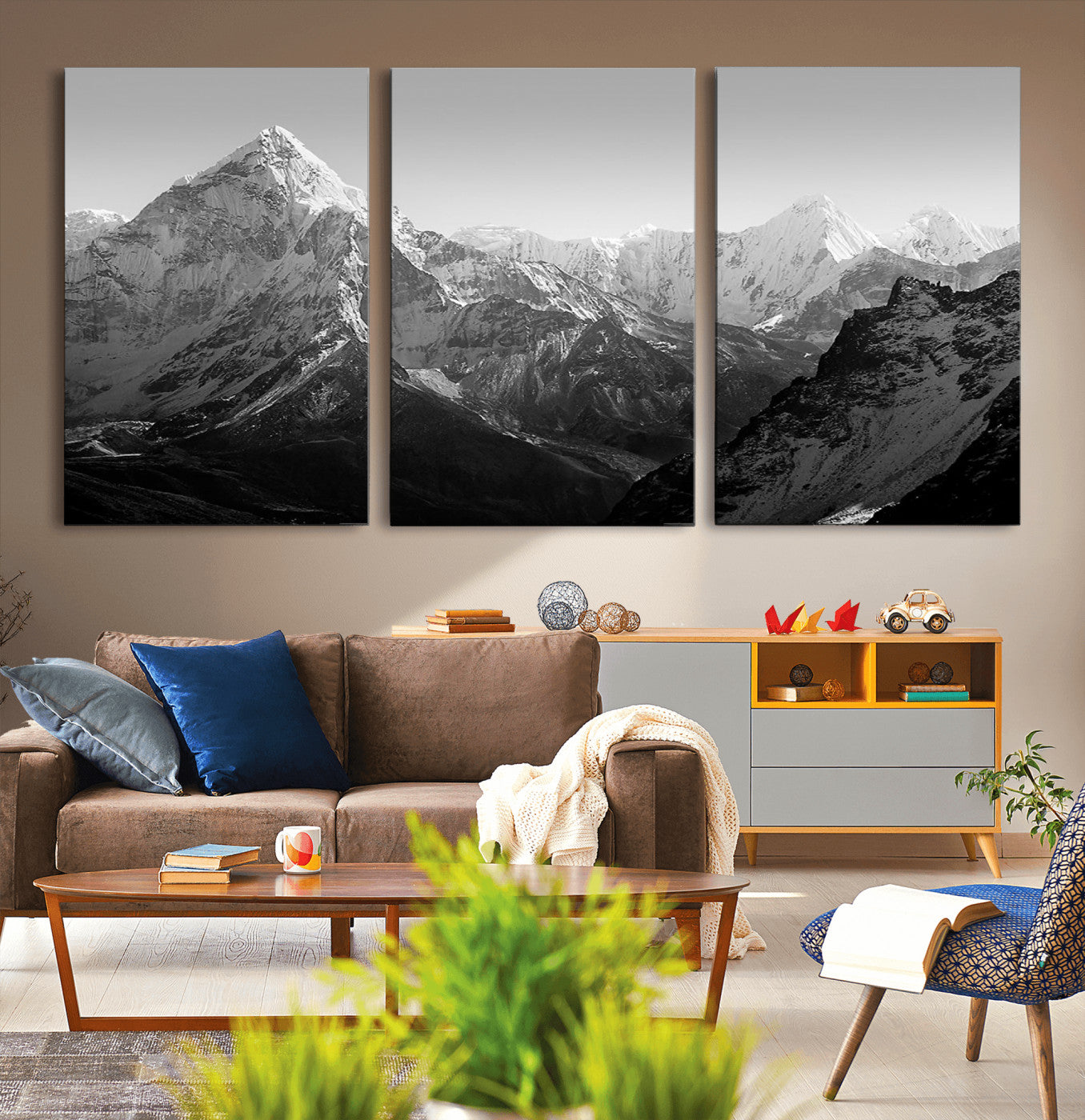 MGV-CV-60X30-3P - Everest Himalaya Mountain Peaks Black & White Triptych Canvas Art – Mountain Wall Decor, Everest