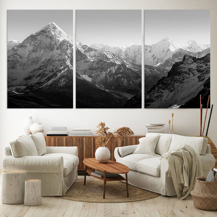 Everest Himalaya Mountain Peaks Black & White Triptych Canvas Art – Mountain Wall Decor for Minimalist Interiors