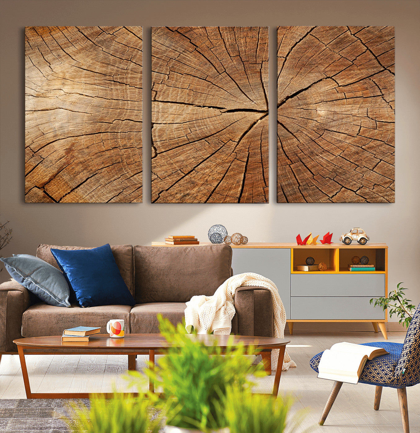 MGV-CV-60X30-3P - Tree Ring Canvas Art, Rustic Wood Grain Wall Art, Tree Slice Decor for Modern Homes, Giclee