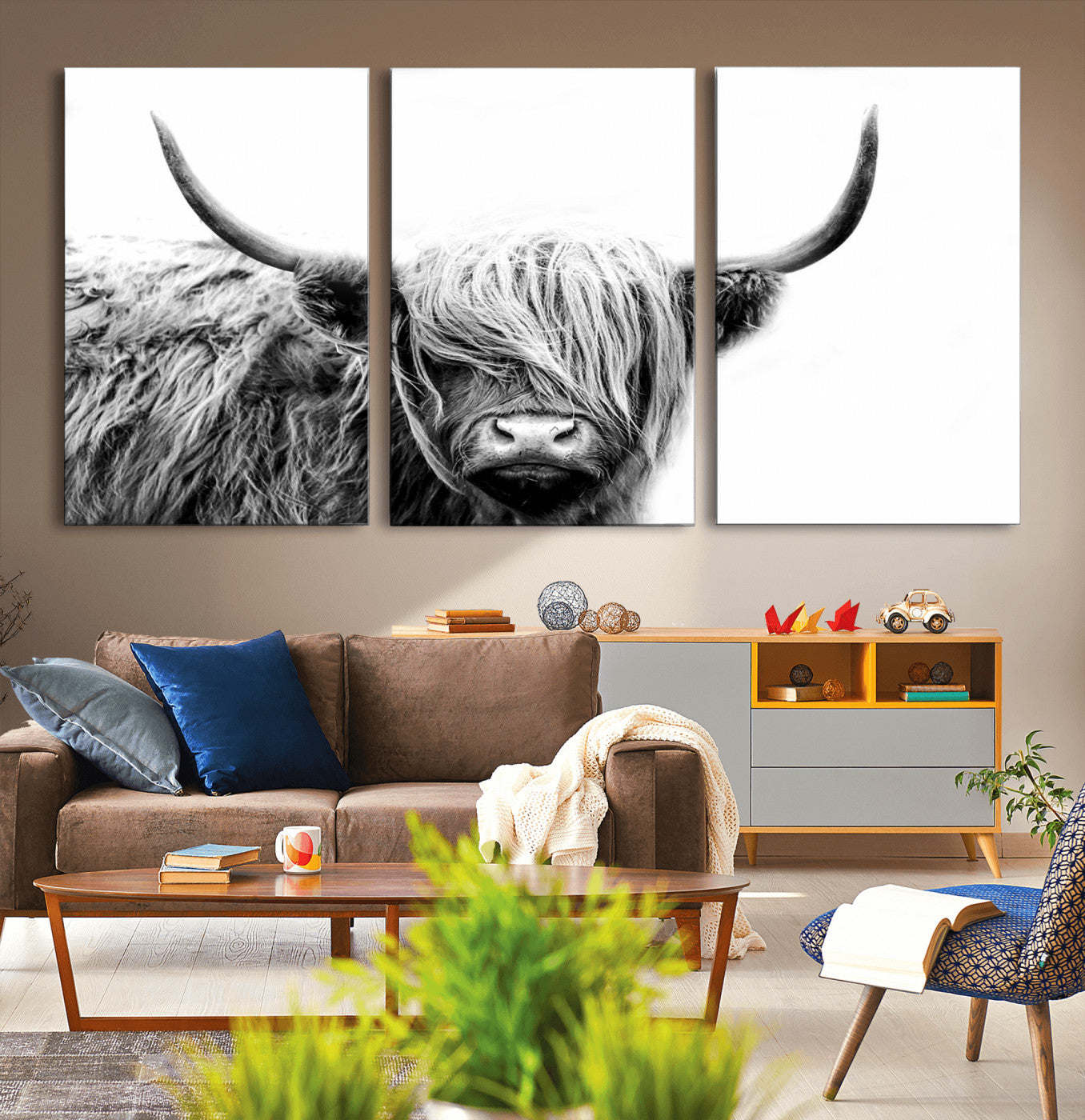 51957-MGV-CV-36X24-Black White Scottish Highland Cow Cattle Art Print Farmhouse Wall Art Canvas Print