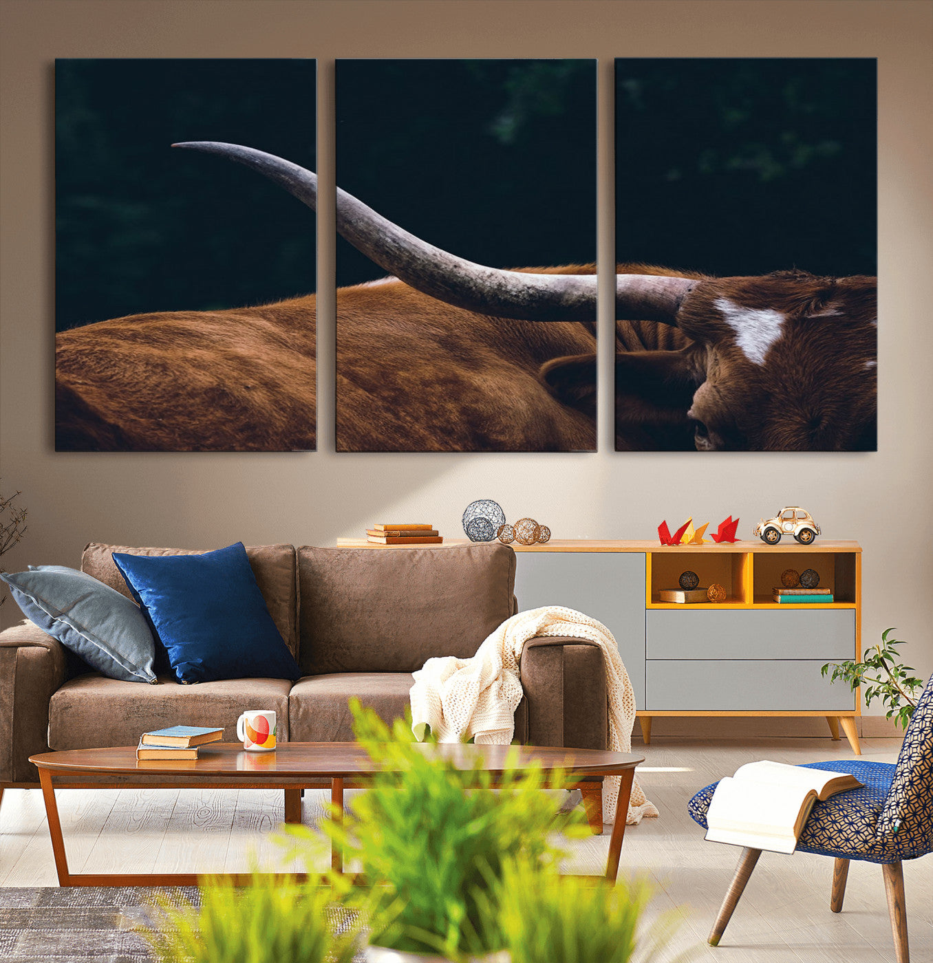 MGV-CV-60X30-3P - Texas Longhorn Bull Wall Art Canvas Print - Large Framed Canvas Wall Art, Animal Print for Rustic Home or Office Décor, Farmhouse Cabin Wall Decor
