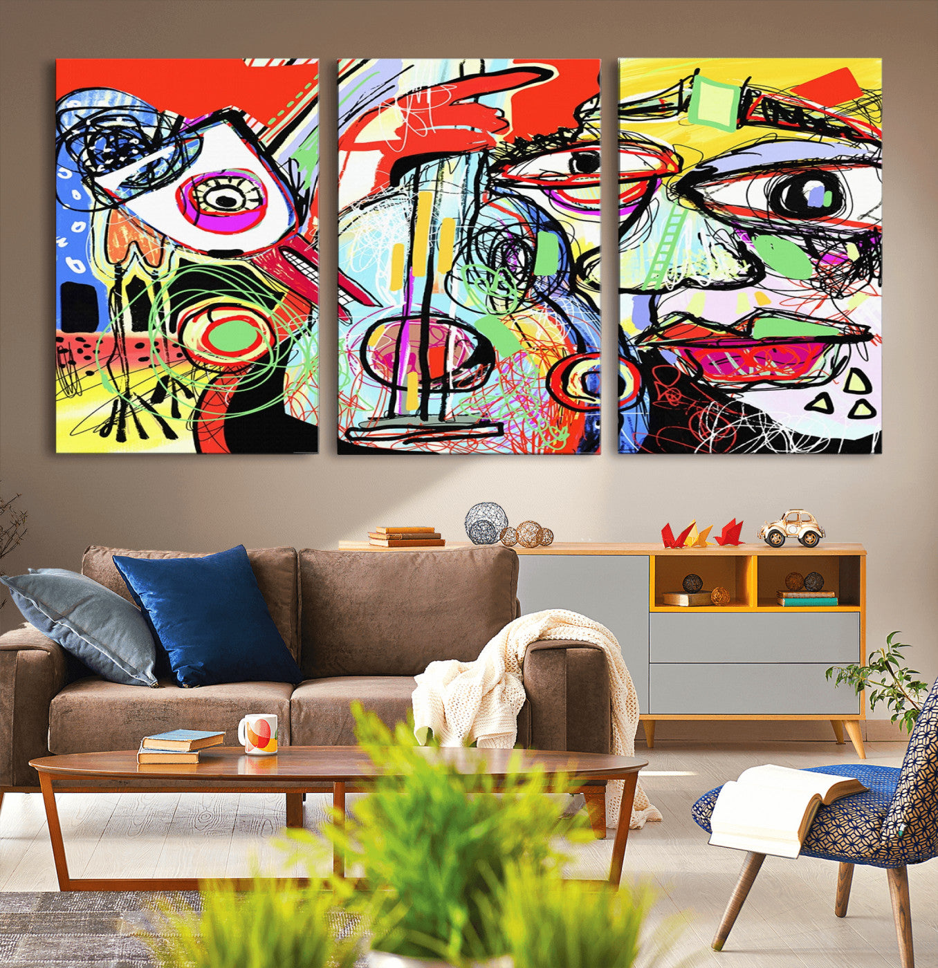 MGV-CV-60X30-3P - Picasso Style Art Abstract Canvas Wall Art Print , Colorful Abstract Artwork