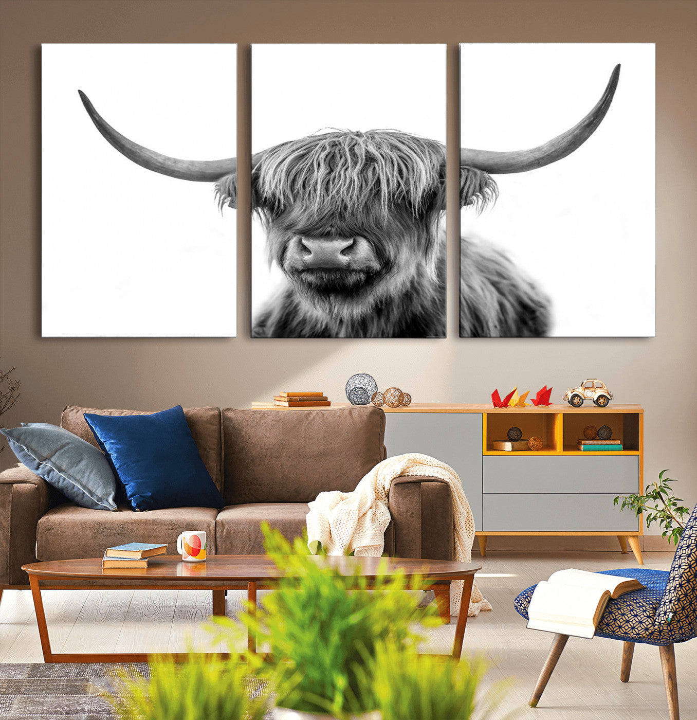 -Grayscale Scottish Highland Cow Cattle Art Print Farmhouse Wall Art Canvas Print