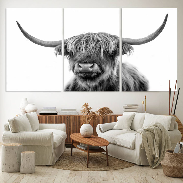 The Grayscale Scottish Highland Cow canvas is a museum-quality piece perfect for your dining room. Enjoy free shipping on this stunning artwork!.