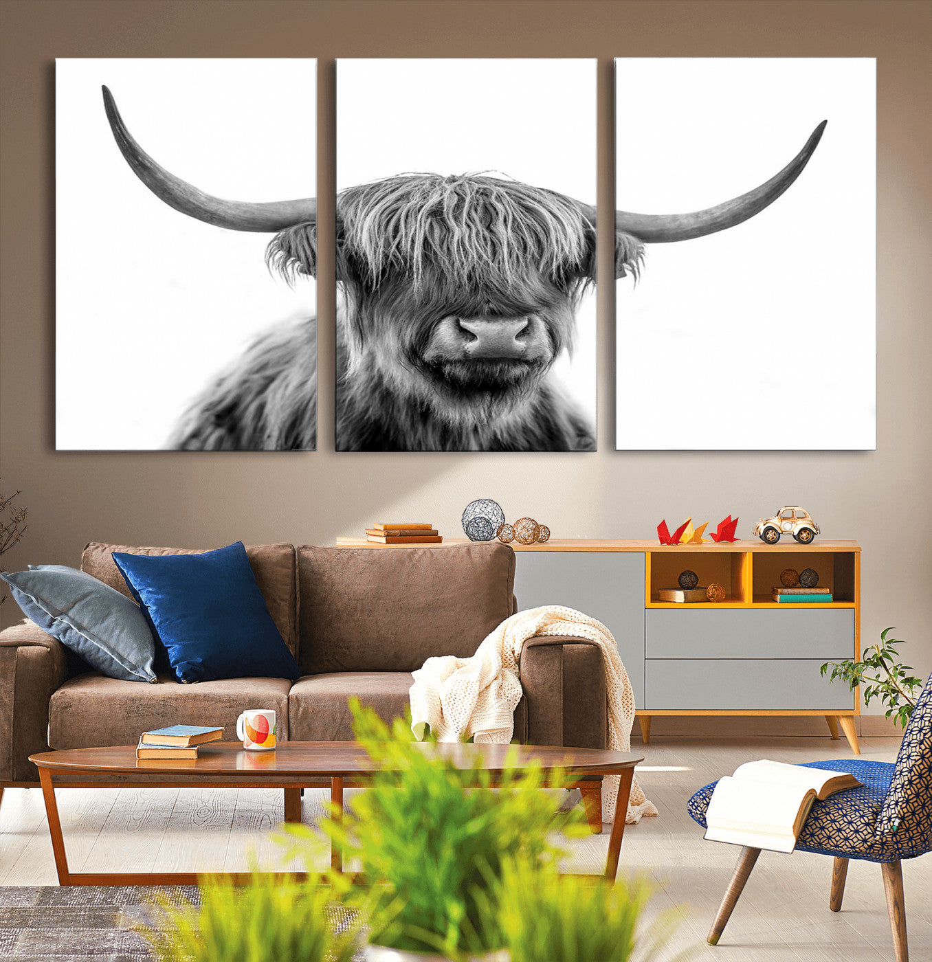 -Scottish Highland Cow Cattle Art Print Wall Art Canvas Print for Farmhouse Decor, Framed Scottish