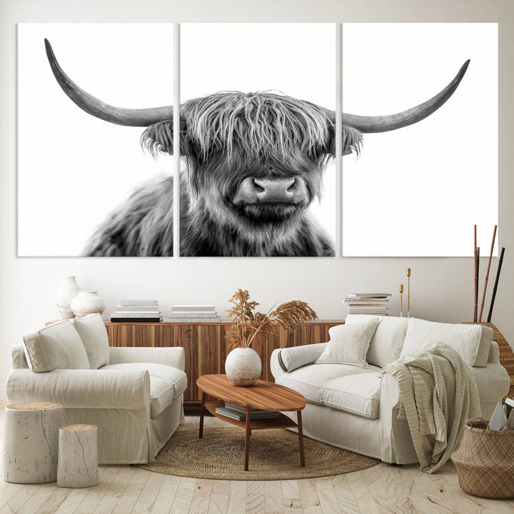 A Scottish Highland Cow Art Canvas adds charm to the farmhouse decor.