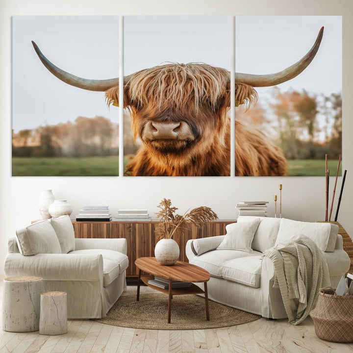 A dining room featuring a Highland Cow Animal Scottish Cattle canvas.