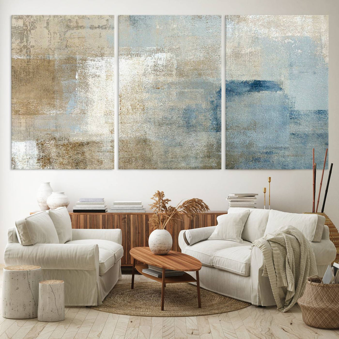 Abstract Blue and Beige Wall Art canvas print set with a modern minimalist aesthetic.