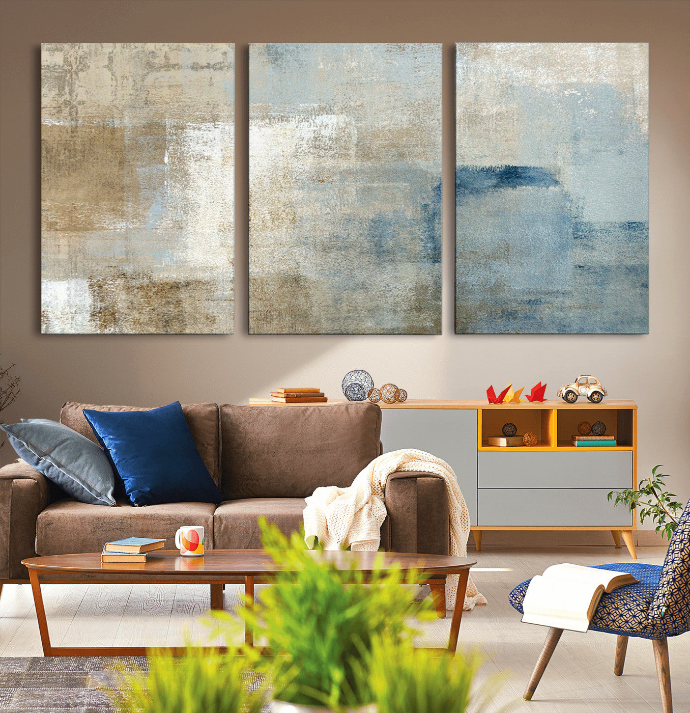 MGV-CV-60X30-3P - Abstract Blue and Beige Wall Art, Modern Minimalist Canvas Print Set, Giclee Textured Art, Large