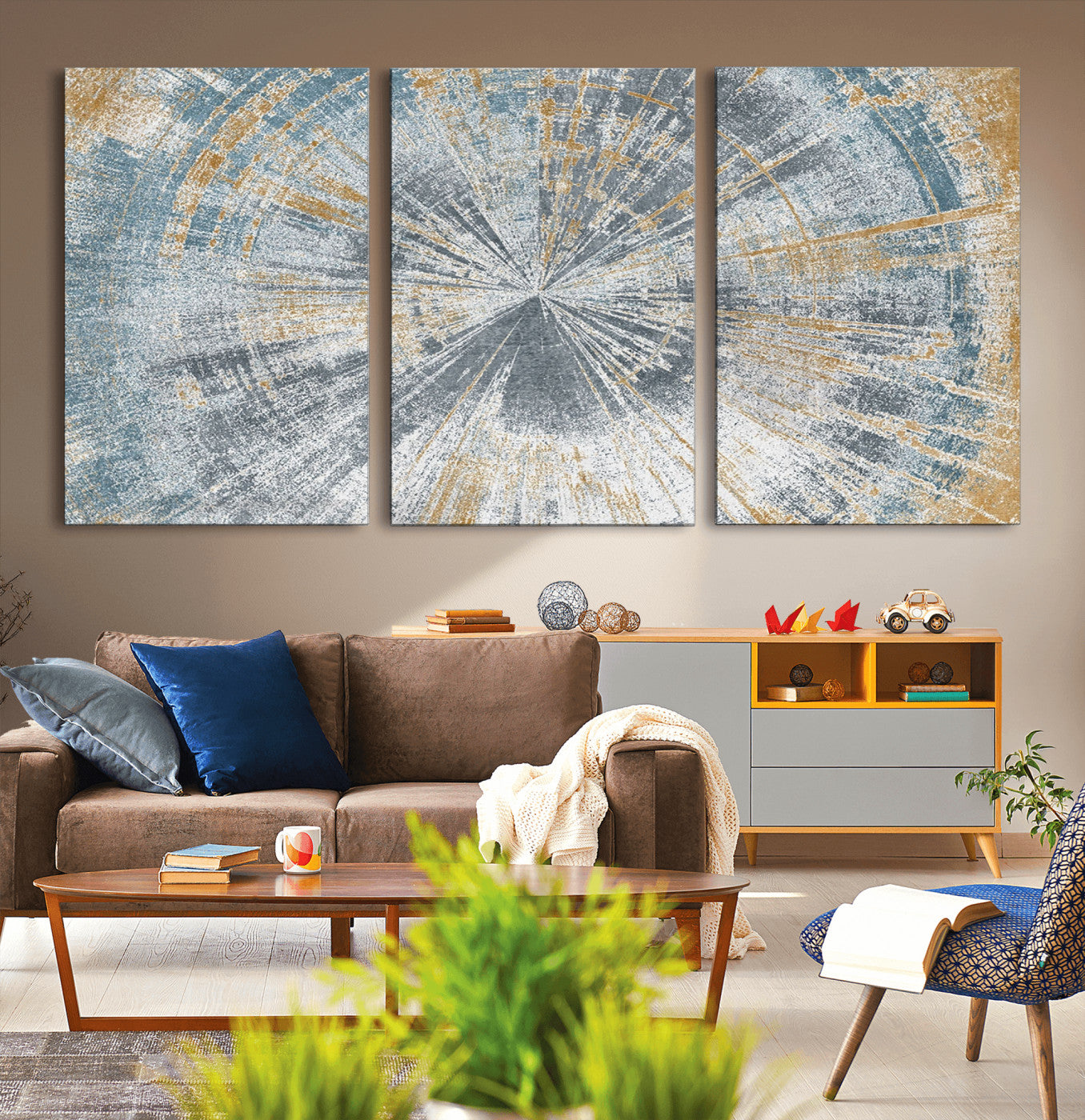 MGV-CV-60X30-3P - Radiant Abstract Wood Rings Canvas Art – Modern Triptych Wall Decor for Living Room or Farmhouse Decor