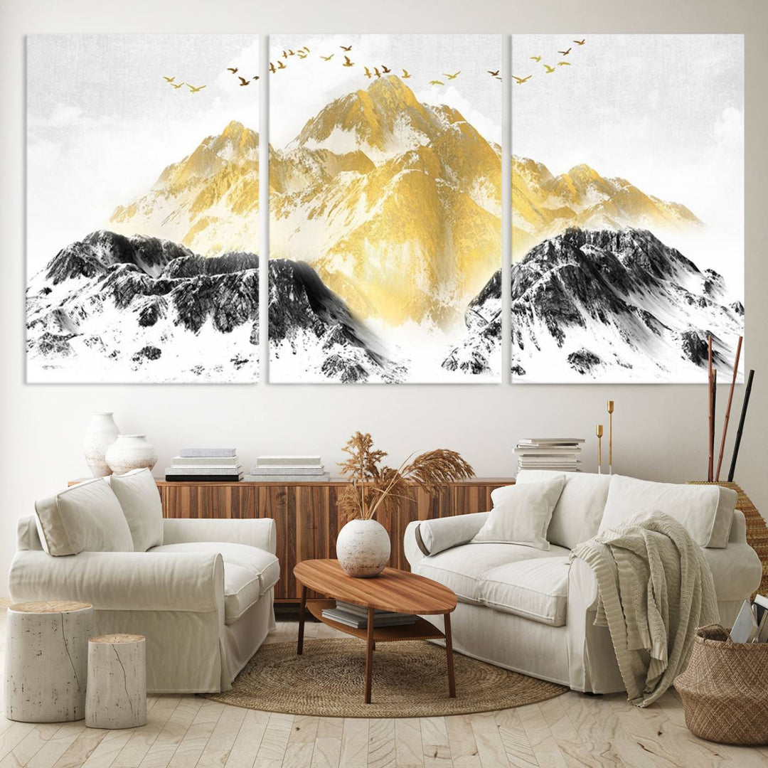 Golden Mountain Triptych Wall Art features gold-tinted mountains and birds.