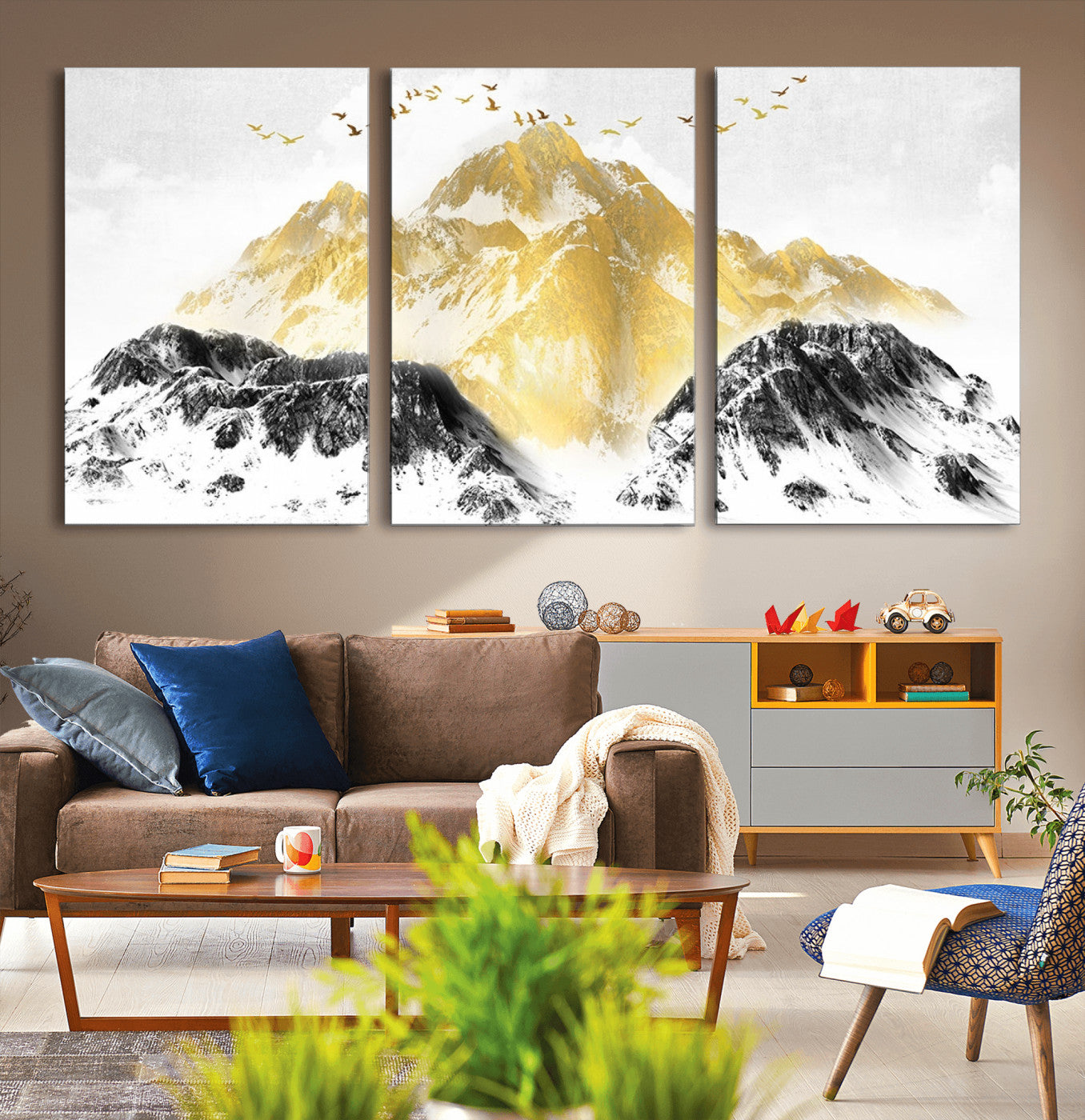 -Golden Mountain Triptych Wall Art Canvas Print, Modern Giclee Canvas Print, Nature Landscape Decor