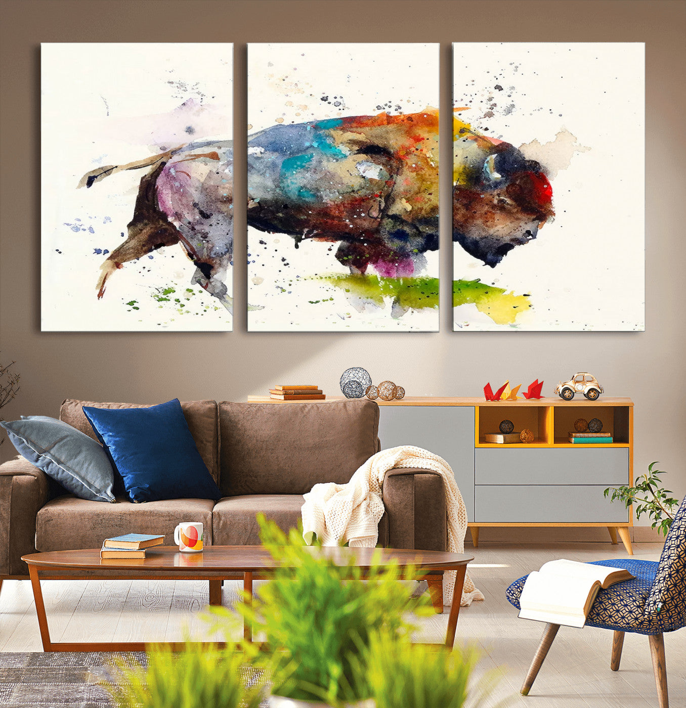 MGV-CV-60X30-3P - Abstract Buffalo Wall Art, Western Watercolor Bison Canvas Print, Rustic Buffalo Art for Cowboy and Western Decor, Large Multi-Panel Giclee Canvas