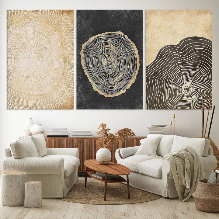 Tree Rings Canvas Wall Art Print hangs prominently in a modern kitchen.