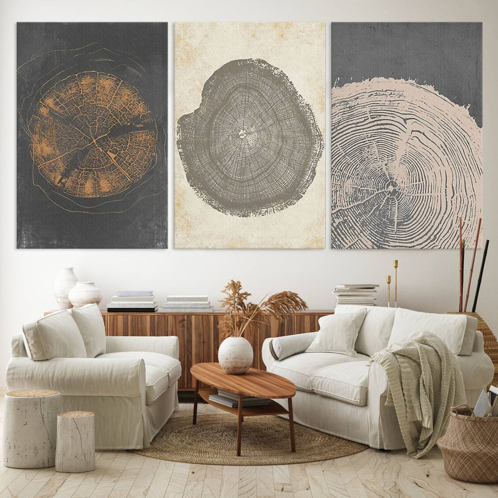 The vibrant Boho Tree Ring Wall Art adds a touch of farmhouse decor with its rustic charm.