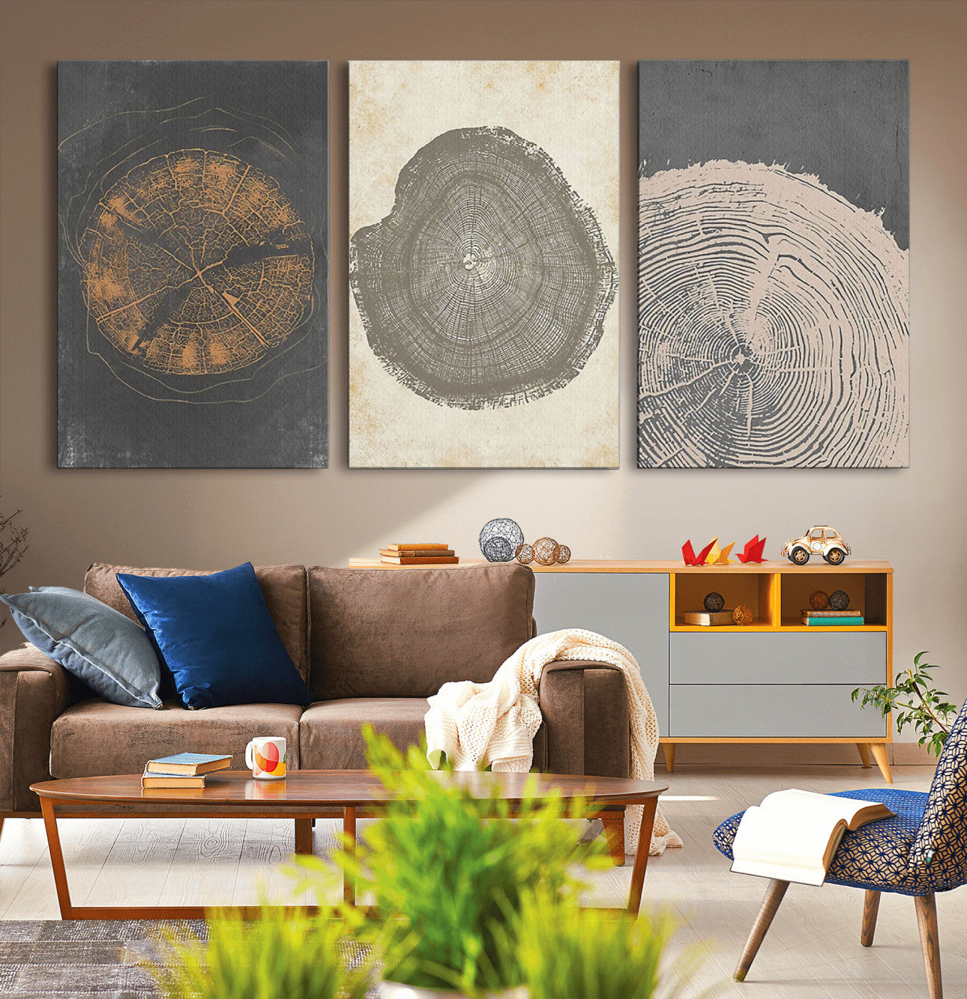 MGV-CV-60X30-3P - Boho Tree Ring Wall Art, Modern Minimalist Wood Grain Canvas, Tree Slice for Rustic Decor, Farmhouse